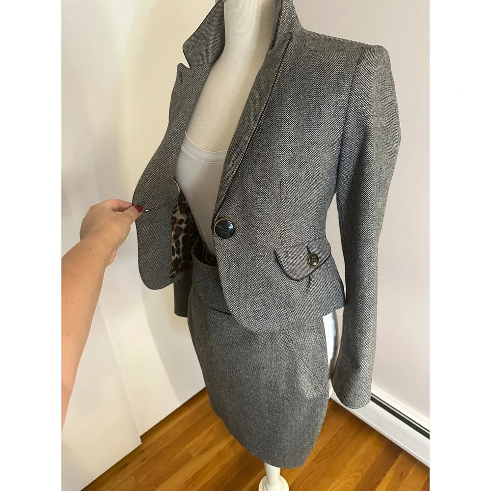 Express Design Studio Grey Herringbone Wool Skirt Suit Leopard Lining Size 2